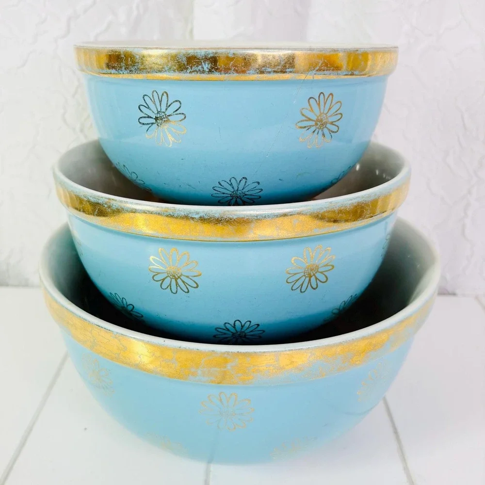 Vintage Hall China Nesting Bowls, Blue and Gold Daisy, Set of 3